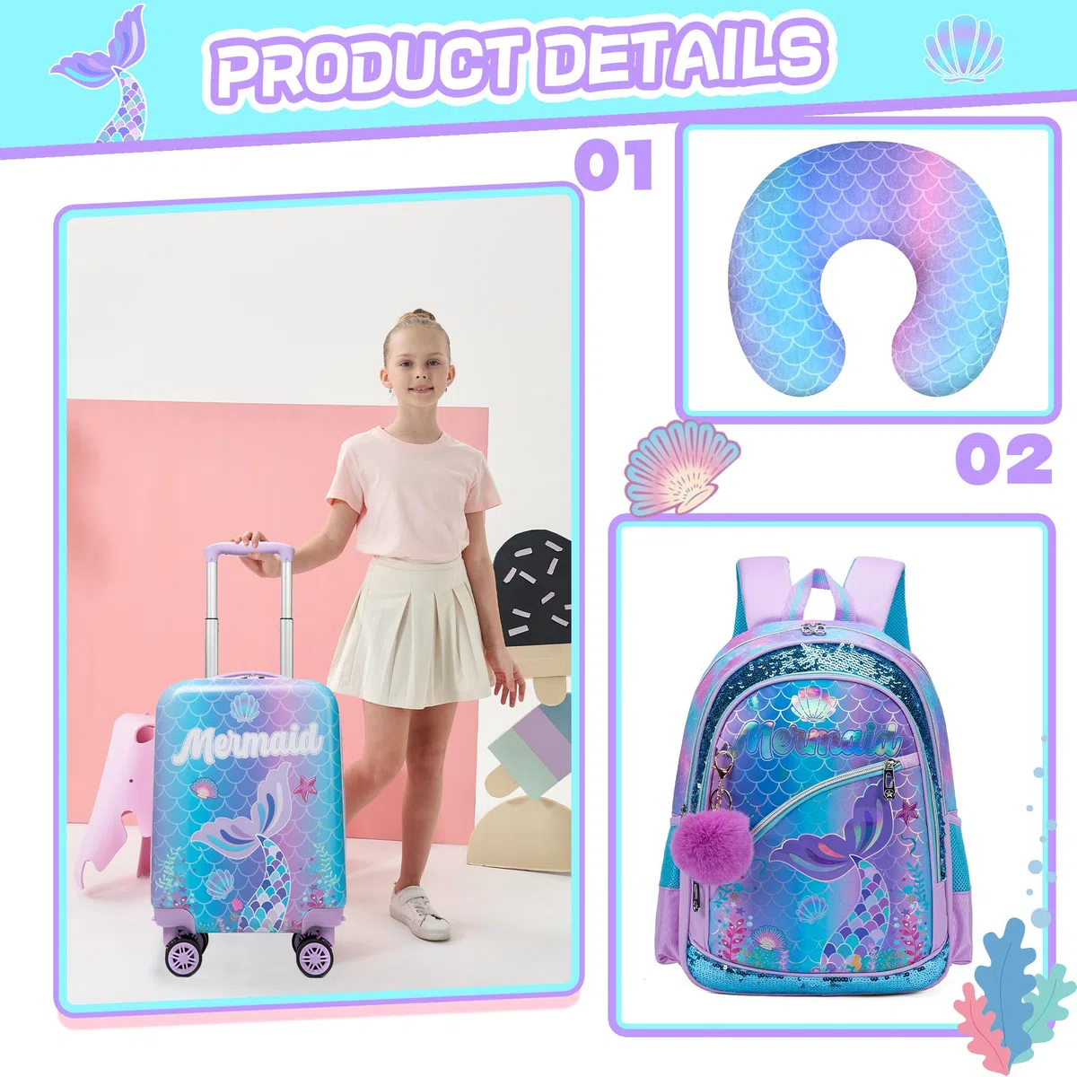 HTgroce 5 Set Valigie per Bambini, Zainetto Bambina, Cuscino per il Collo, Borsa per il Pranzo, Astuccio per Matite, Etichetta, Sirena Valigia con Ruote