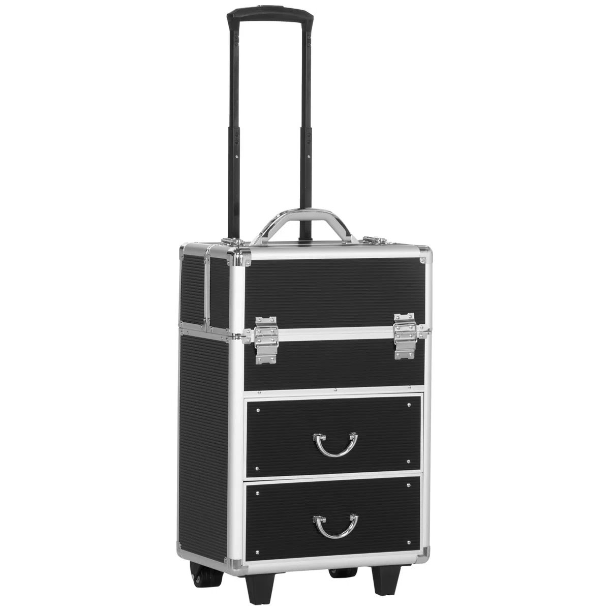 HOMCOM Valigetta Porta Trucchi Professionale, Trolley Make Up Rinforzato in MDF, Alluminio e Acciaio, Blocco con 2 Chiavi e Ruote, 36x23x58 cm, Nero