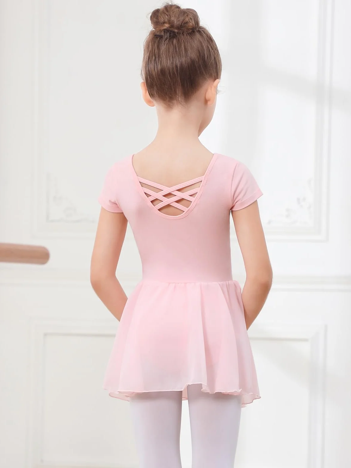Ragazza Vestito da Balletto Danza Tutu Corpo Ginnastica Cotone Manica Corta con Chiffon Gonna