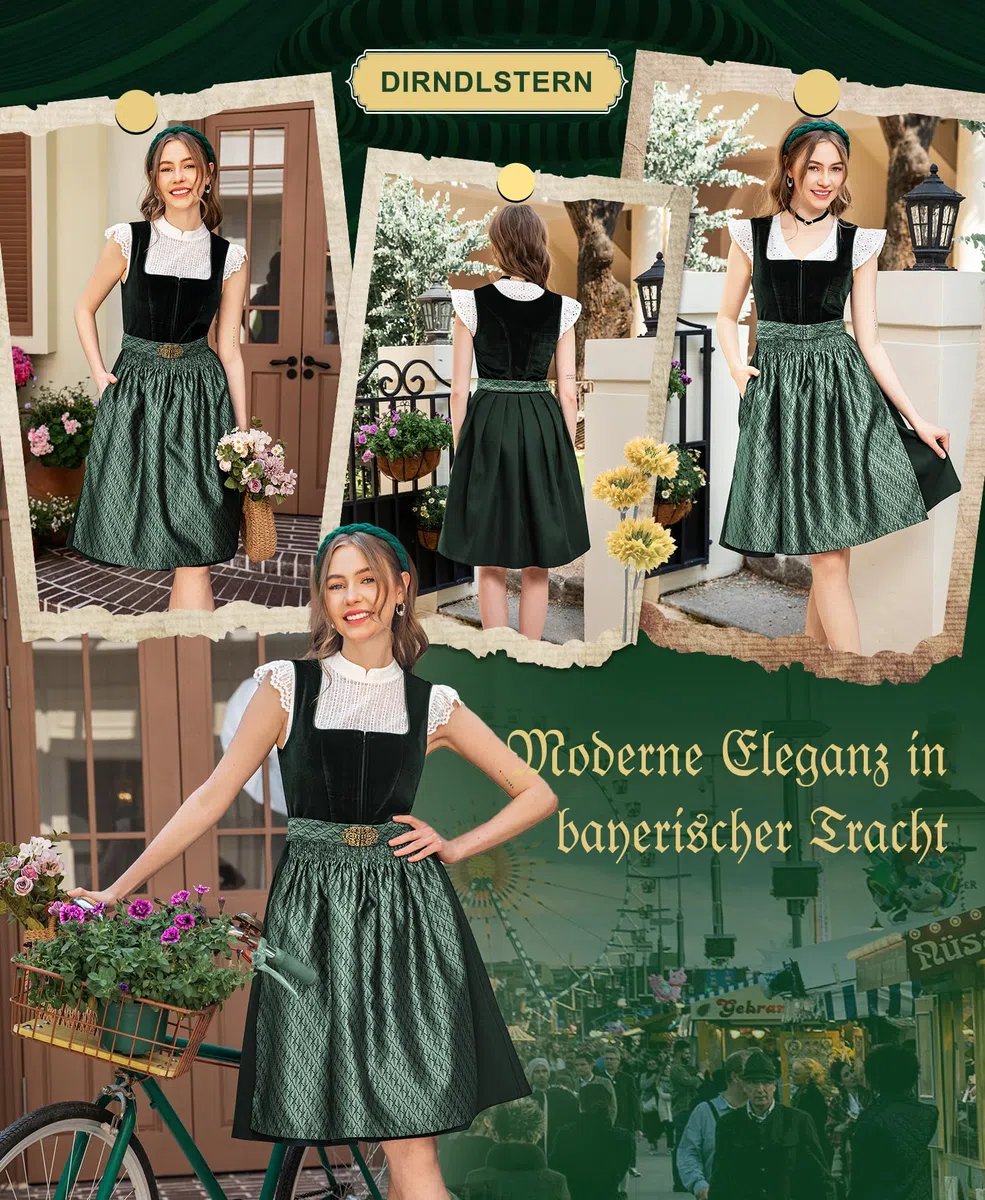 DIRNDLSTERN Dirndl Donna Oktoberfest Costume - Midi Bavarese Abito Costumi Tradizionale Germandress Verde