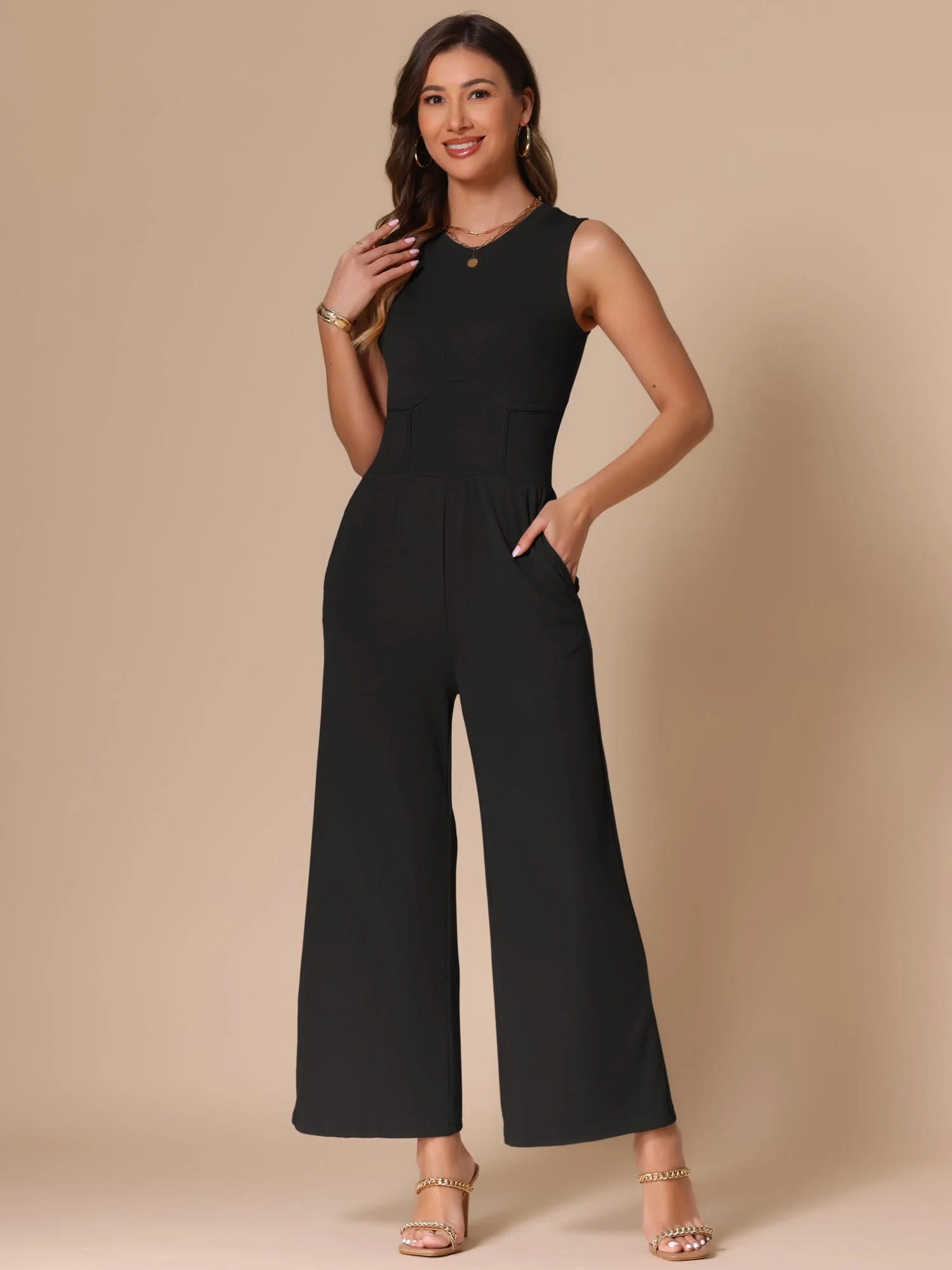 Allegra K Donna Tuta Estiva Elegante Casual Un Pezzo Abiti Senza Maniche Girocollo Pantaloni A Gamba Larga