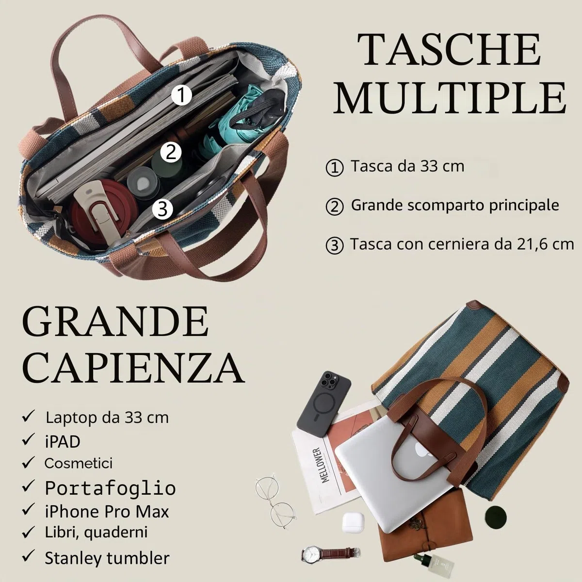 Borsa da lavoro grande da donna – Borsa a tracolla in tela per ufficio e uso quotidiano, borsa a spalla con ampio spazio di archiviazione
