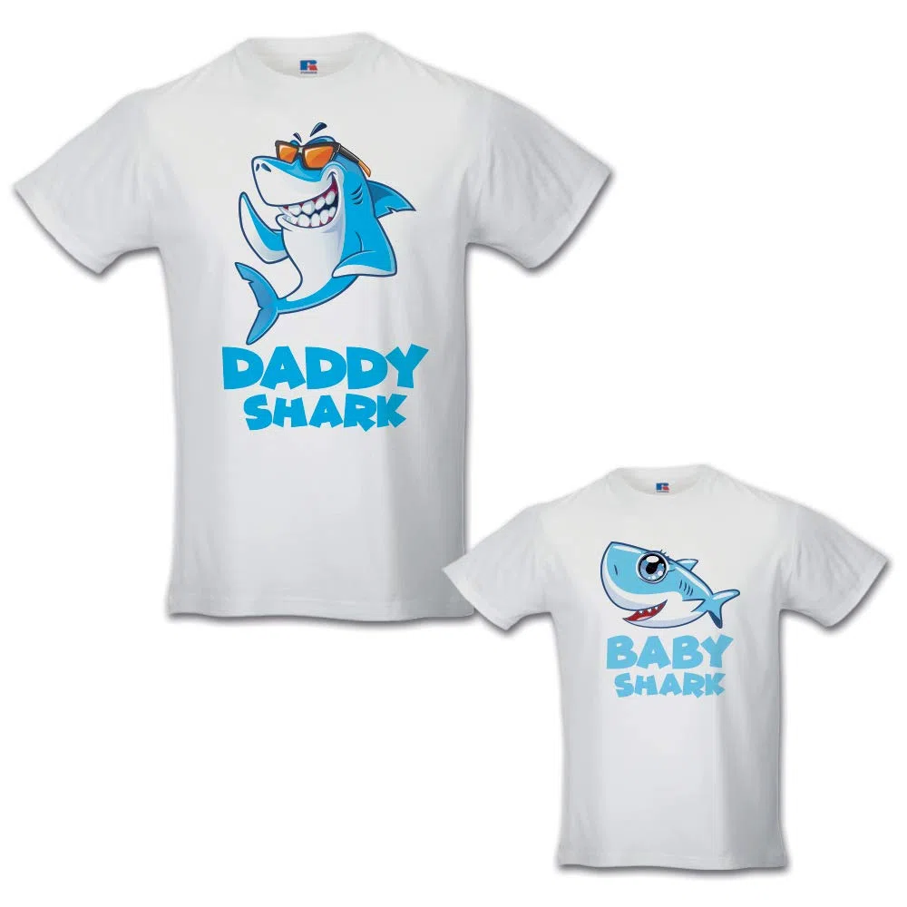 Coppia di T-Shirt Padre Figlio Daddy Shark And Baby Shark