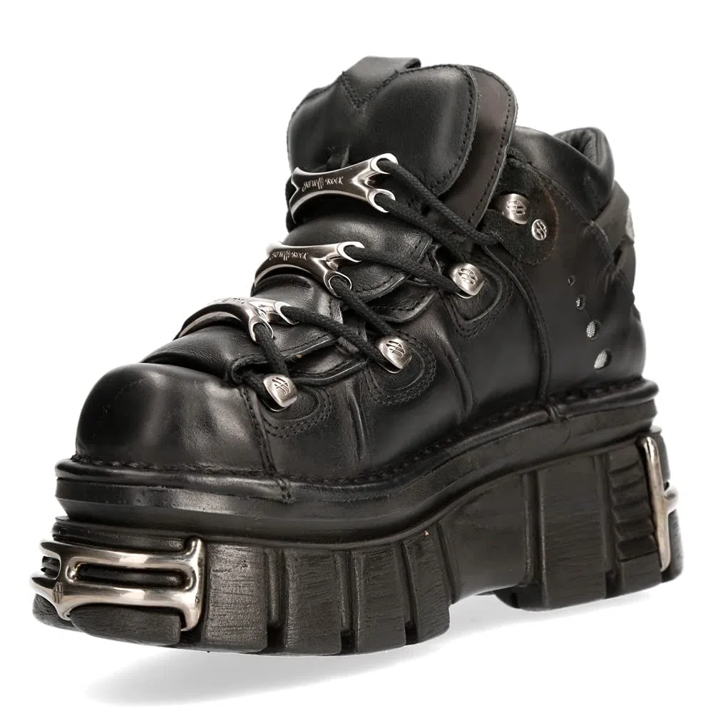 New Rock - Metallic Urban Black Shoes M.106-S112, Scarpe da uomo nere con piattaforma e decorazioni metalliche