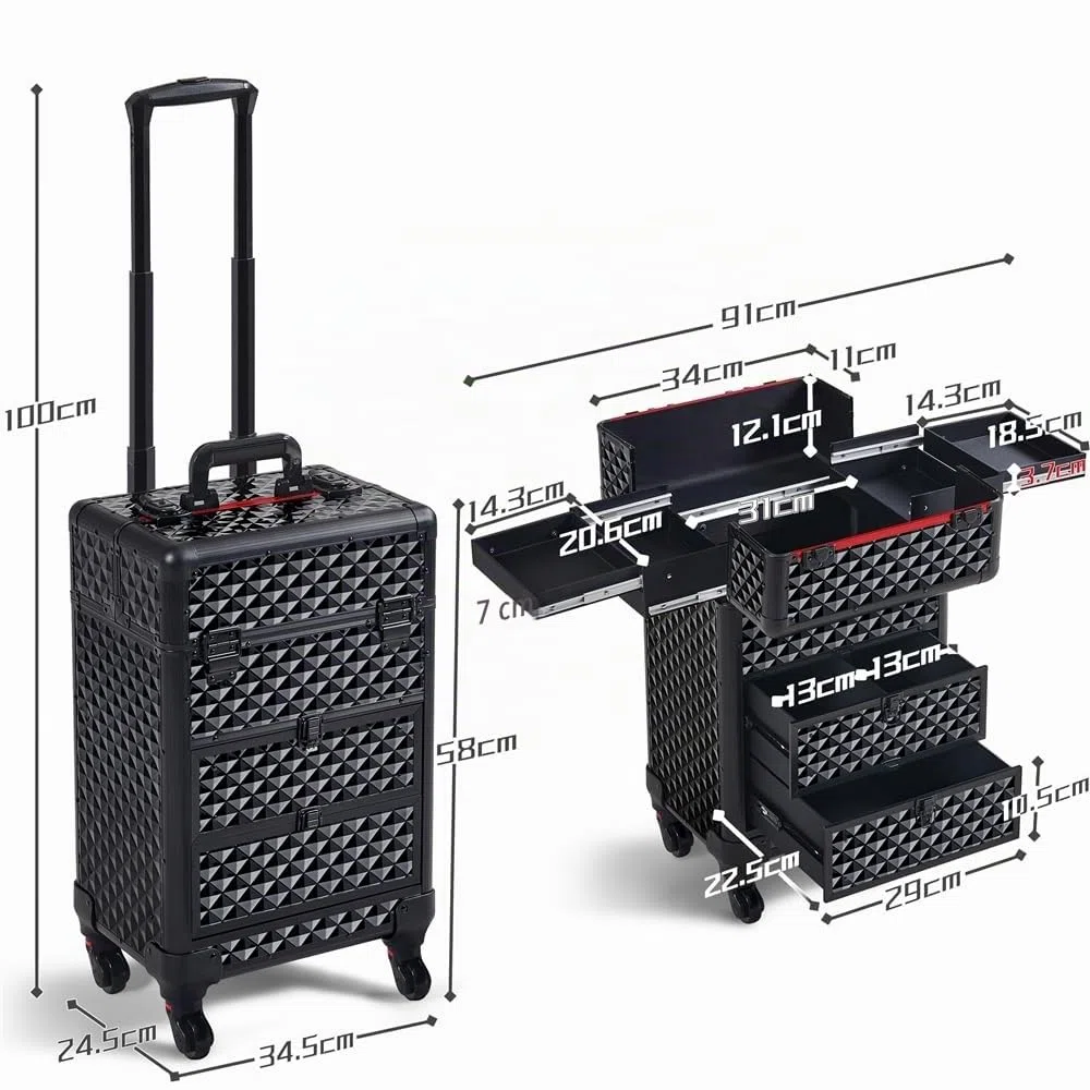 Yaheetech Valigetta Trucchi Trolley Make Up Valigia con 2 Cassetti Ruote Girevoli 360° Beauty Case da Viaggio Rigido Per Estetista Professionale 34,5×24,5×58 cm Nero