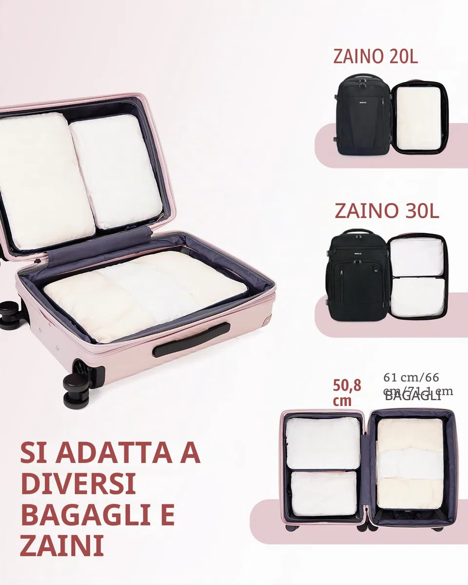 ECOHUB 6 Pezzi Organizer Valigia Salvaspazio Compressione, Set Per Viaggio Con Copriscarpe, Divisori Per Bagaglio a Mano, Leggero, Rosa