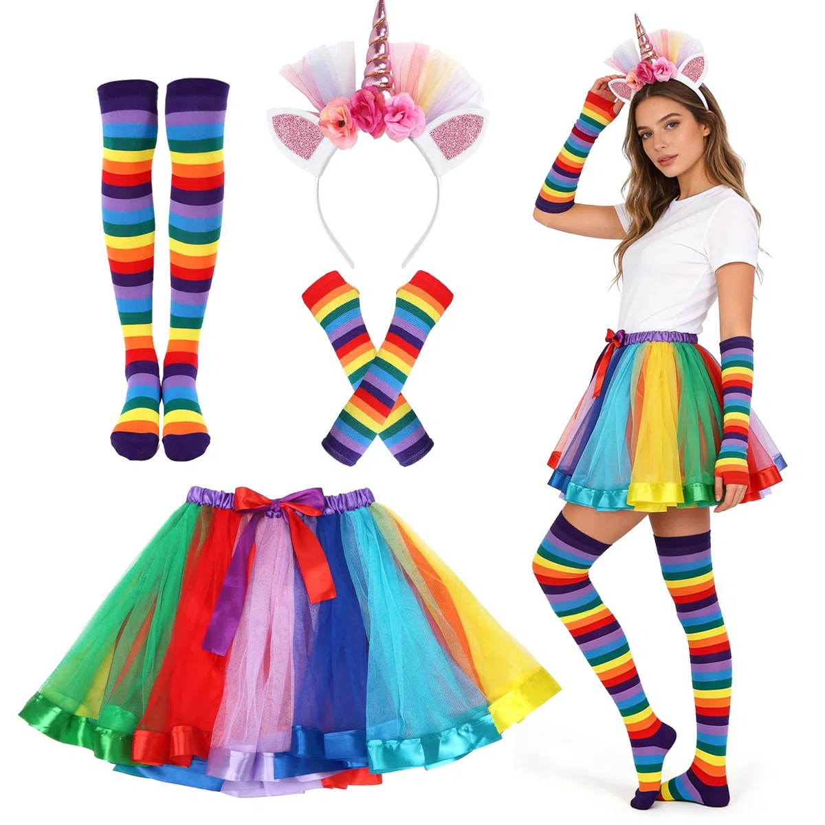 Meleager Costume Unicorno Donna, Gonna in Tulle Arcobaleno, 4 Pezzi Colorato Anni 80 Vestiti e Accessori con Cerchietto Unicorno, Guanti Senza Dita, Calze al Ginocchio, per Carnevale Halloween