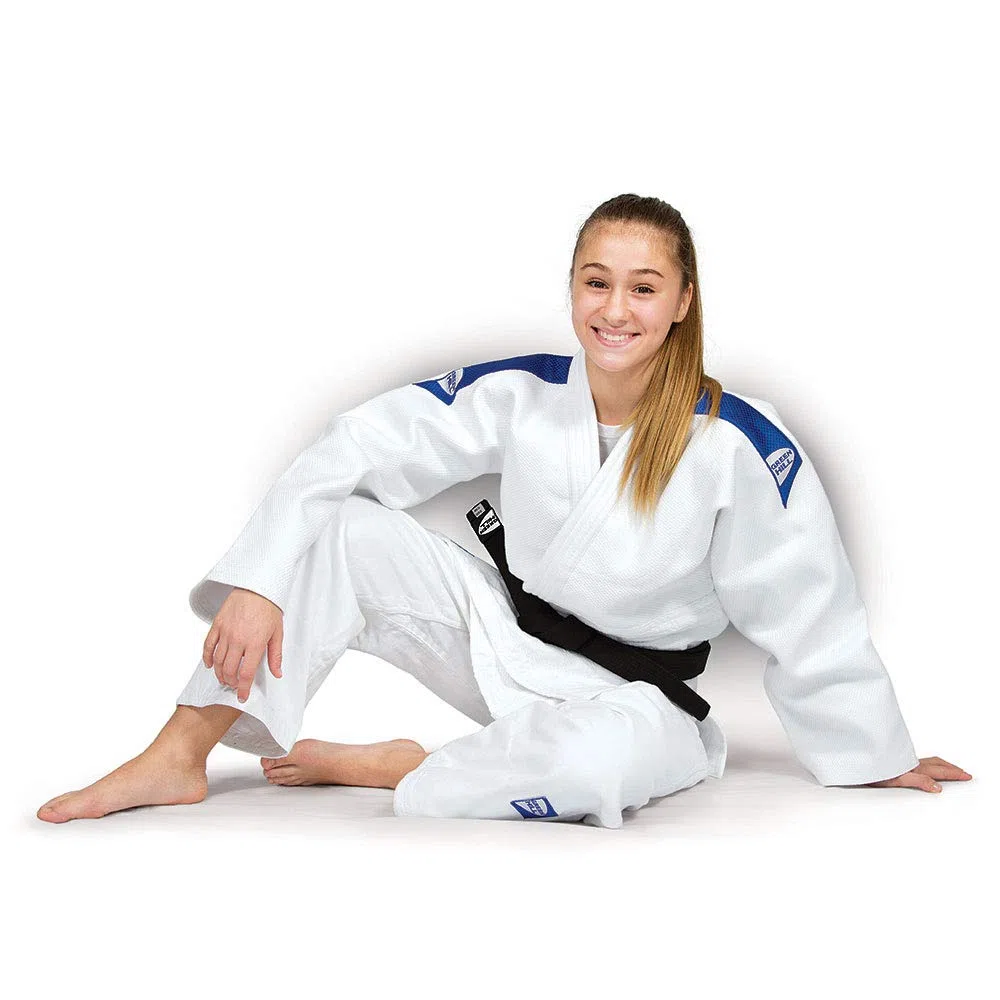GREEN HILL JUDOGI Semi Competition Advanced 630g/m2 Judo GI Kimono Bianco Blu (150 Slimfit, Bianco Banda Blu)