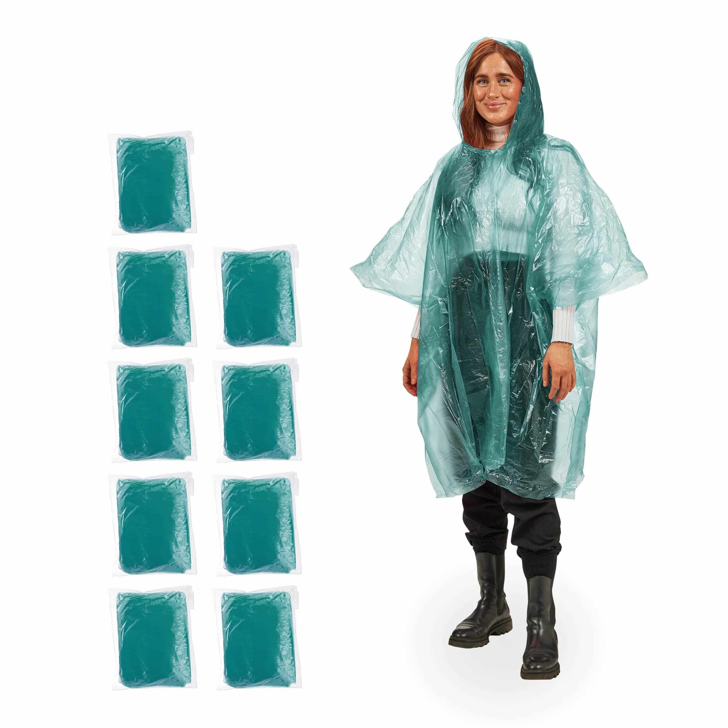 Relaxdays 100x Poncho Antipioggia, Set, Cappuccio, Mantellina Impermeabile per Adulti, Monouso, Unisex, PE, Verde