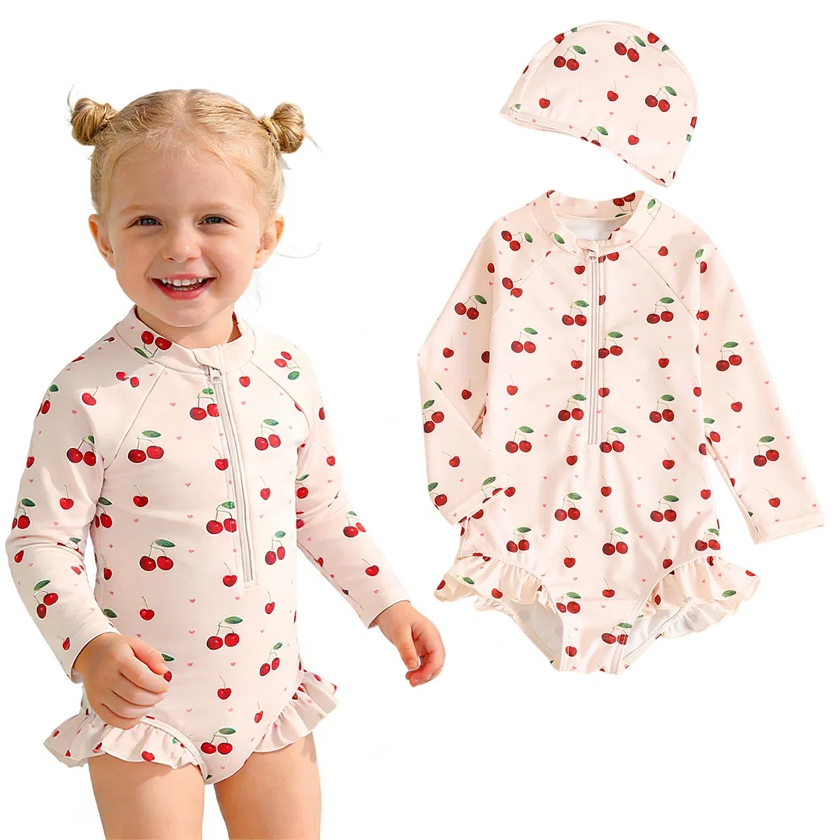 Costume da Bagno per neonata con Cuffia da Nuoto Costume da Bagno a Maniche Lunghe con Stampa Ciliegie Costume da Bagno con Protezione Solare e Cerniera Frontale Costume Intero per Bambina