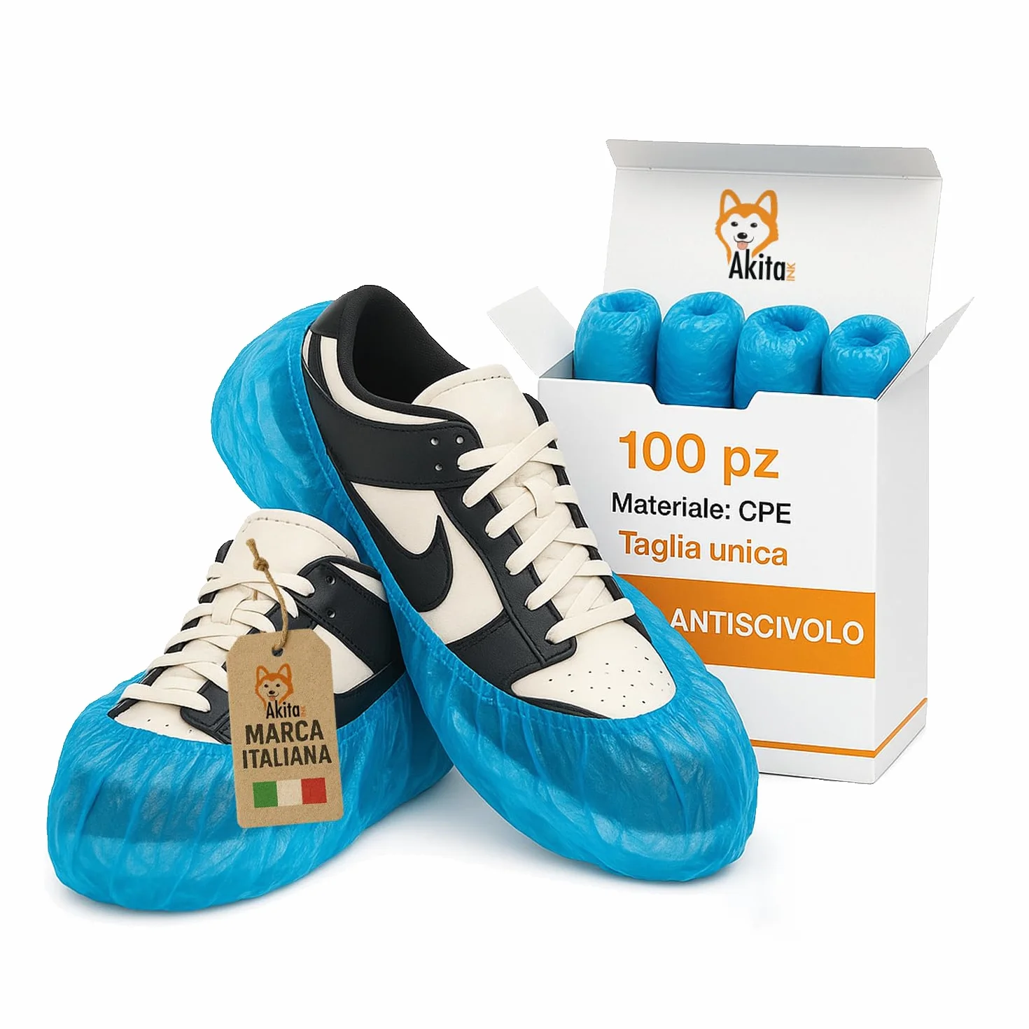 AKITAInk 100 Copriscarpe Monouso Resistenti | CPE, Impermeabili, Blu, Fondo Goffrato, Taglia Unica Fino al 48, DPI Dispositivi di Protezione Individuale per Pulizia, Cliniche, SPA, Giardinaggio