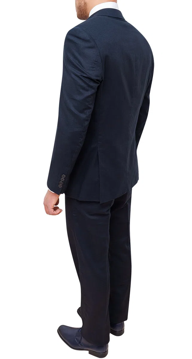 Abito Completo Uomo Sartoriale in Lino Blu Scuro Vestito Elegante Cerimonia
