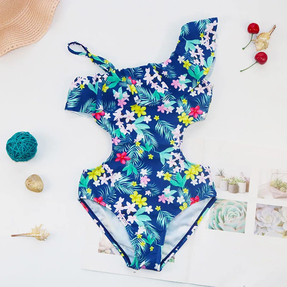 Generico Costume da Bagno Intero Bambina 4-15 Anni Piscina Costume Intero Bambina Nuoto Cut out Monospalla Floreale Costumi da Bagno Interi Mare Volant Schiena Scoperta Monokini Sportivo Spiaggia