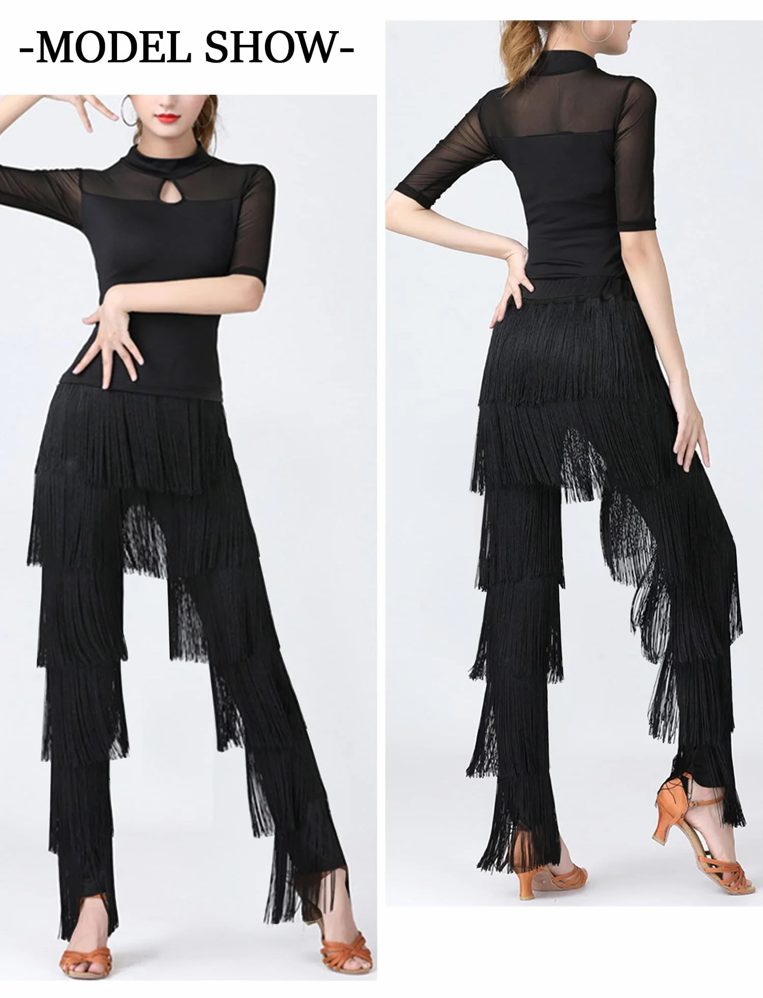 AIEOE Pantaloni con Nappa Multistrato Donna Danza Latina da Professionale Adulto Fringe Rumba Tango Taglia S-4XL