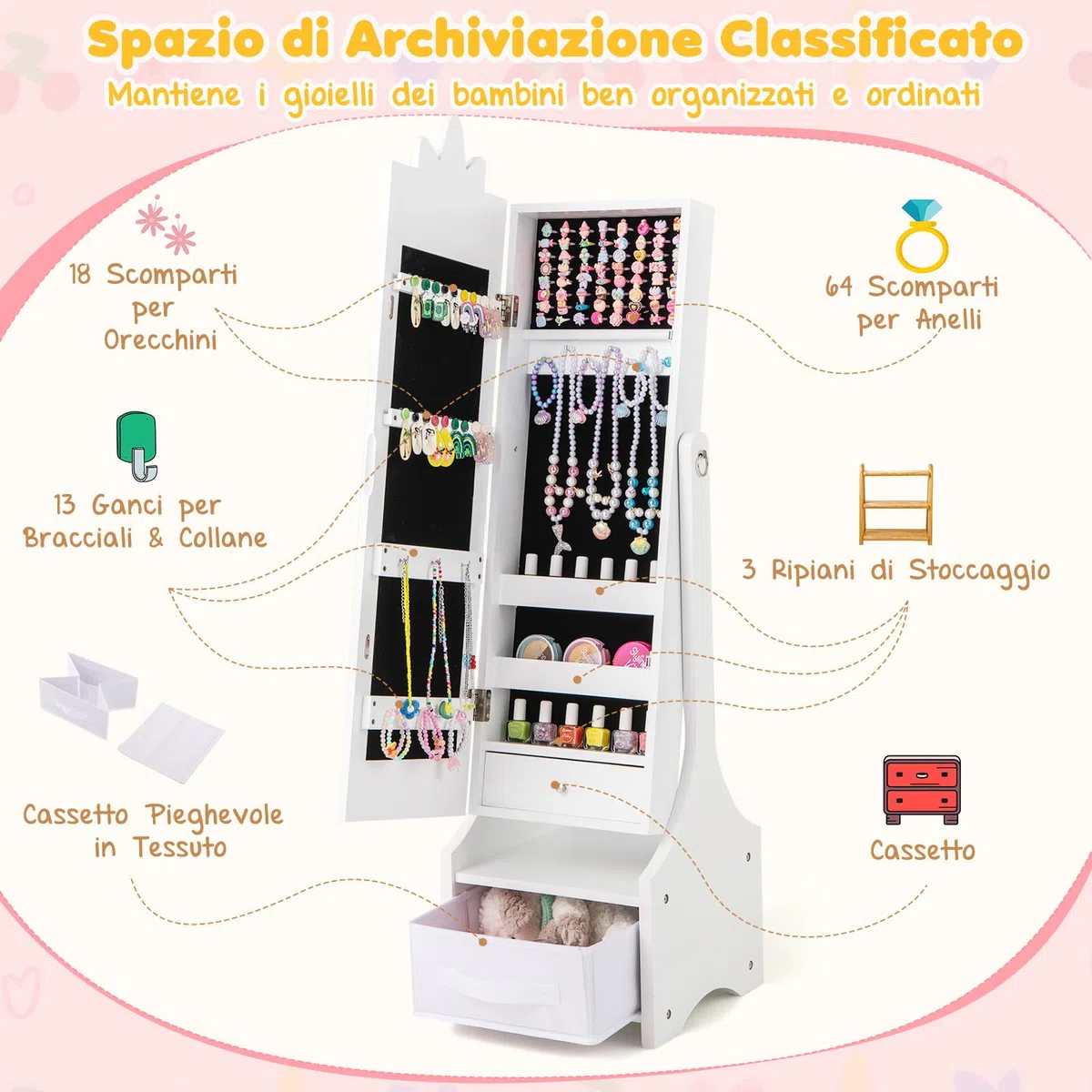 GYMAX Armadio per Gioielli per Bambini con Specchio a Figura Intera e Cassetto, 2 Angoli di Inclinazione Regolabili, Armadio per Gioielli da Principessa per Cameretta, 31,5 x 30 x 115 cm (Bianco)