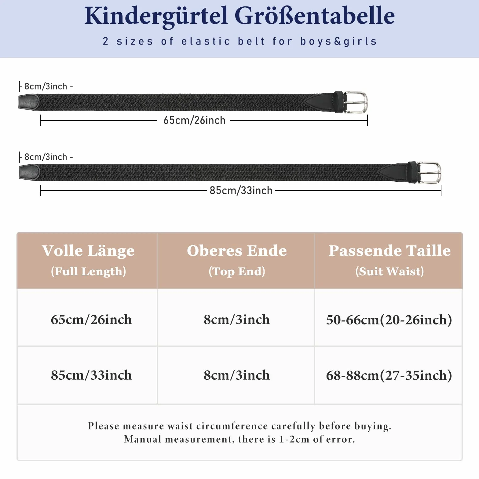 Kajeer Bambini Cintura elastica intrecciata per bambini e bambine - 2 pezzi Unisex Cintura intrecciata Cintura in tessuto elasticizzato per pantaloni jeans