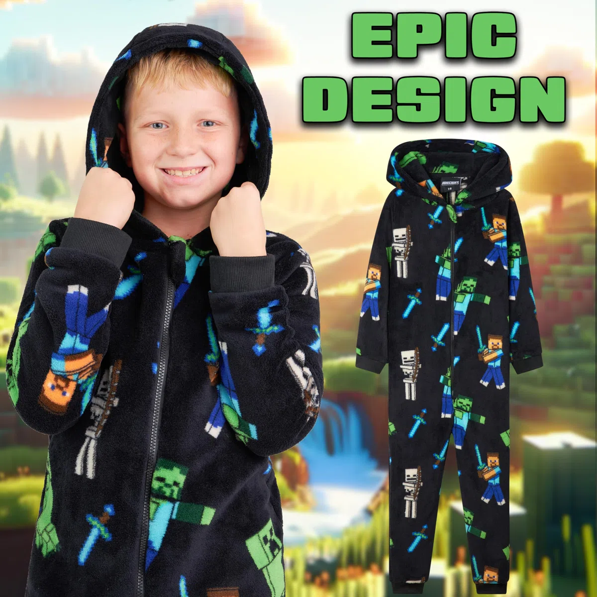 MINECRAFT Pile Pigiama Intero Ragazzo con Cappuccio Tuta Intera - Regalo Bambino