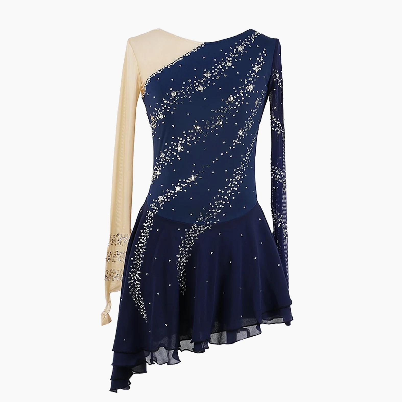 Abito Pattinaggio Artistico Donna Strass Manica Lunga Blu Orlo Obliquo for Competizioni e Performance, Completo da Pattinaggio su Ghiaccio for Bambina