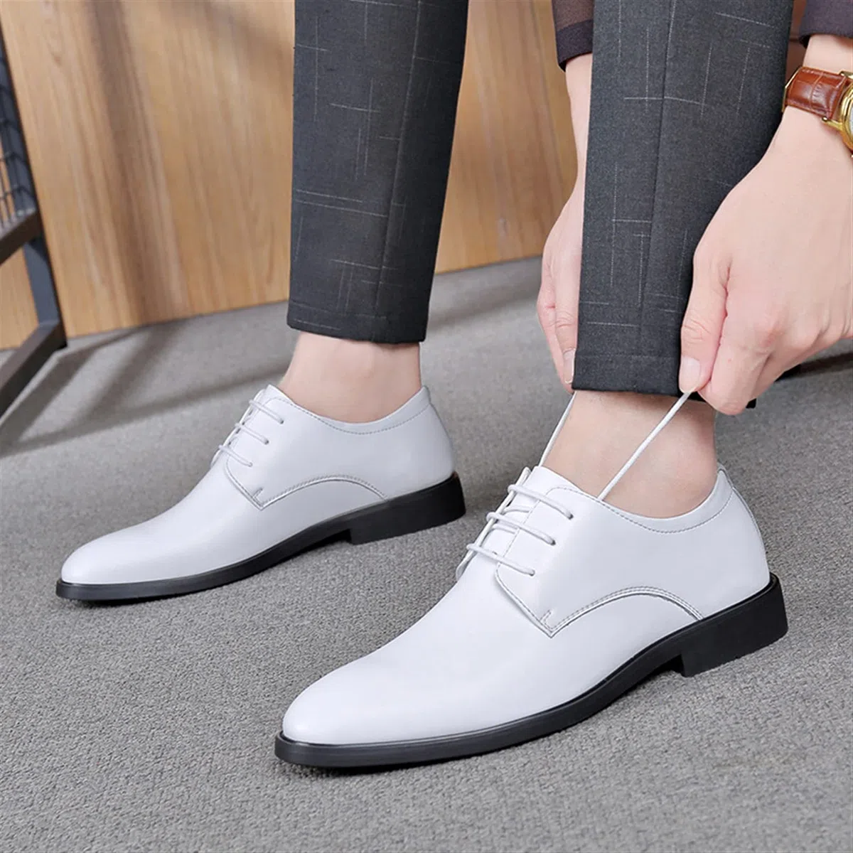 LEWGEL Scarpe Eleganti da Cerimonia per Uomo Derby Stringate in Vera Pelle Punta Tonda Antiscivolo Tacco a Blocchi Suola in Gomma per Party