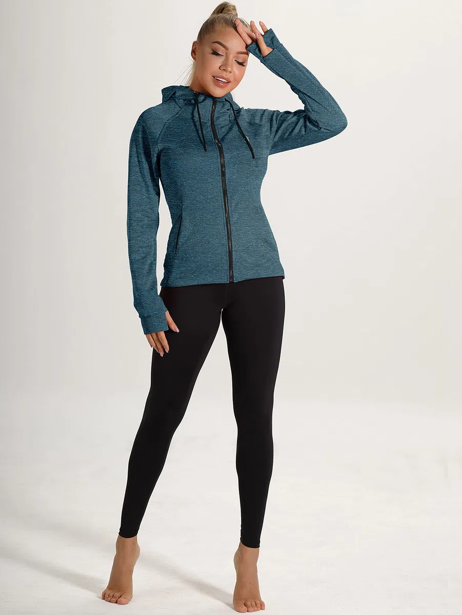 icyzone Giacca Sportiva Donna con Cappuccio,Felpa Termica con Zip e Fori per i Pollici