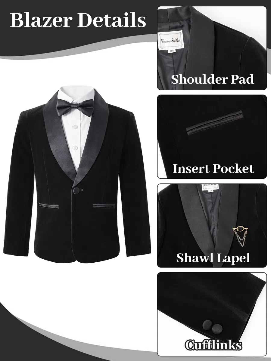 LOLANTA Abito di Velluto per Bambino, Set Formale in 4 Pezzi per Cerimonie, Matrimoni e Balli di Fine Anno con Blazer, Pantaloni, Camicia e Papillon