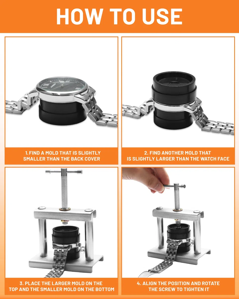 Kit Pressa Orologiaio Professionale – Chiudere Cassa Orologio con 18 Matrici – Strumento per Riparazione Orologi e Sostituzione Batteria