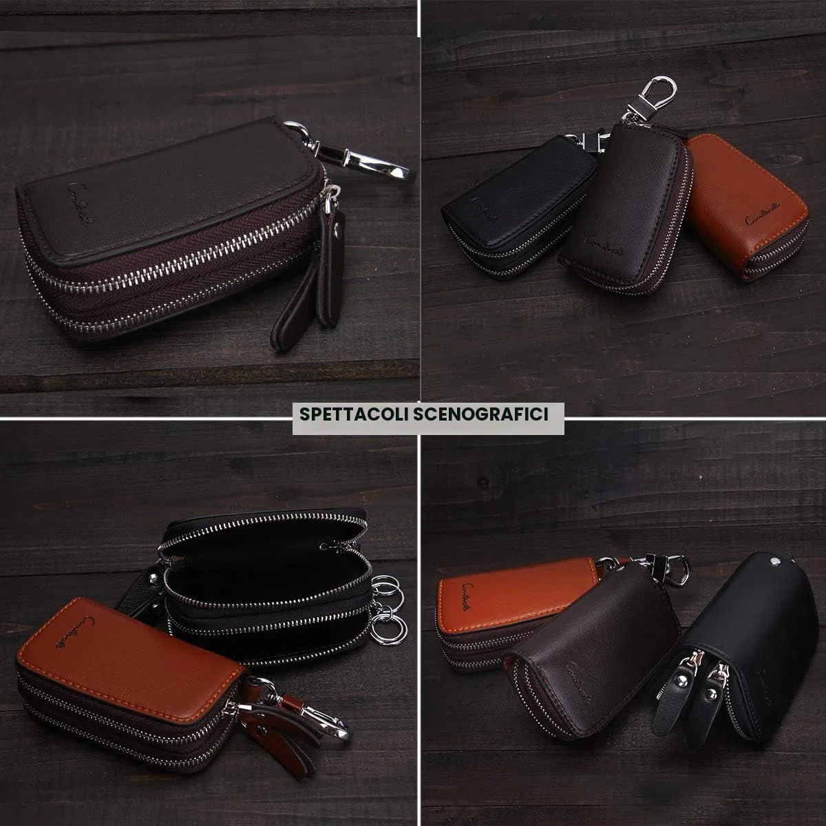 Contacts Portachiavi in pelle, unisex, grande, con 2 zip, in pelle, a portafoglio, per chiavi dell'auto