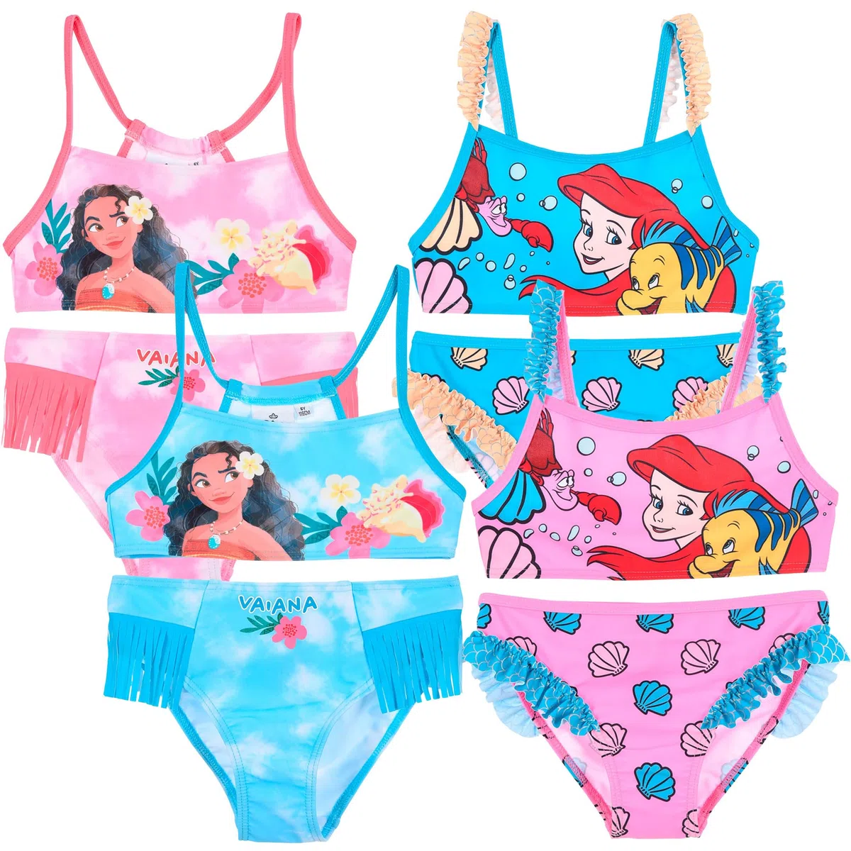 Disney Bikini Bambina Ariel e Vaiana Costume da Bagno Due Pezzi Principesse, Costume Mare Bambina 3-8 Anni, Elasticizzato Asciugatura Rapida Piscina Estate