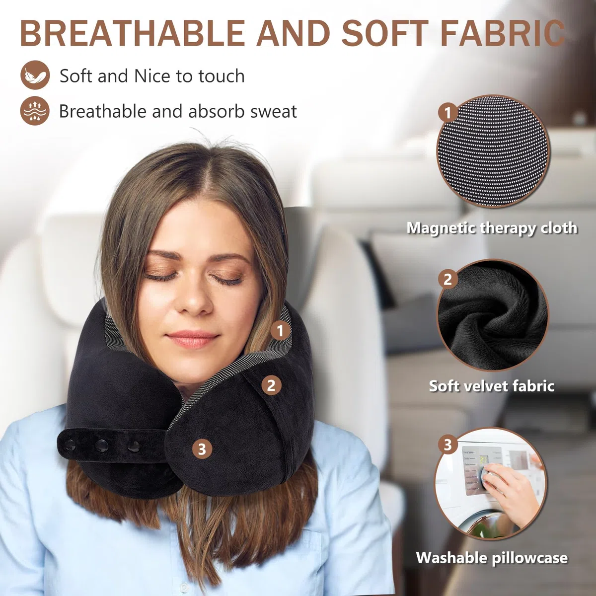 Cuscino da Viaggio Memory Foam, Cuscino Aereo Collo Regolabile e Portatile, Cuscino Cervicale da Viaggio, Federa lavabile, Schiena Piatta, Accessori Viaggio Aereo, Nero