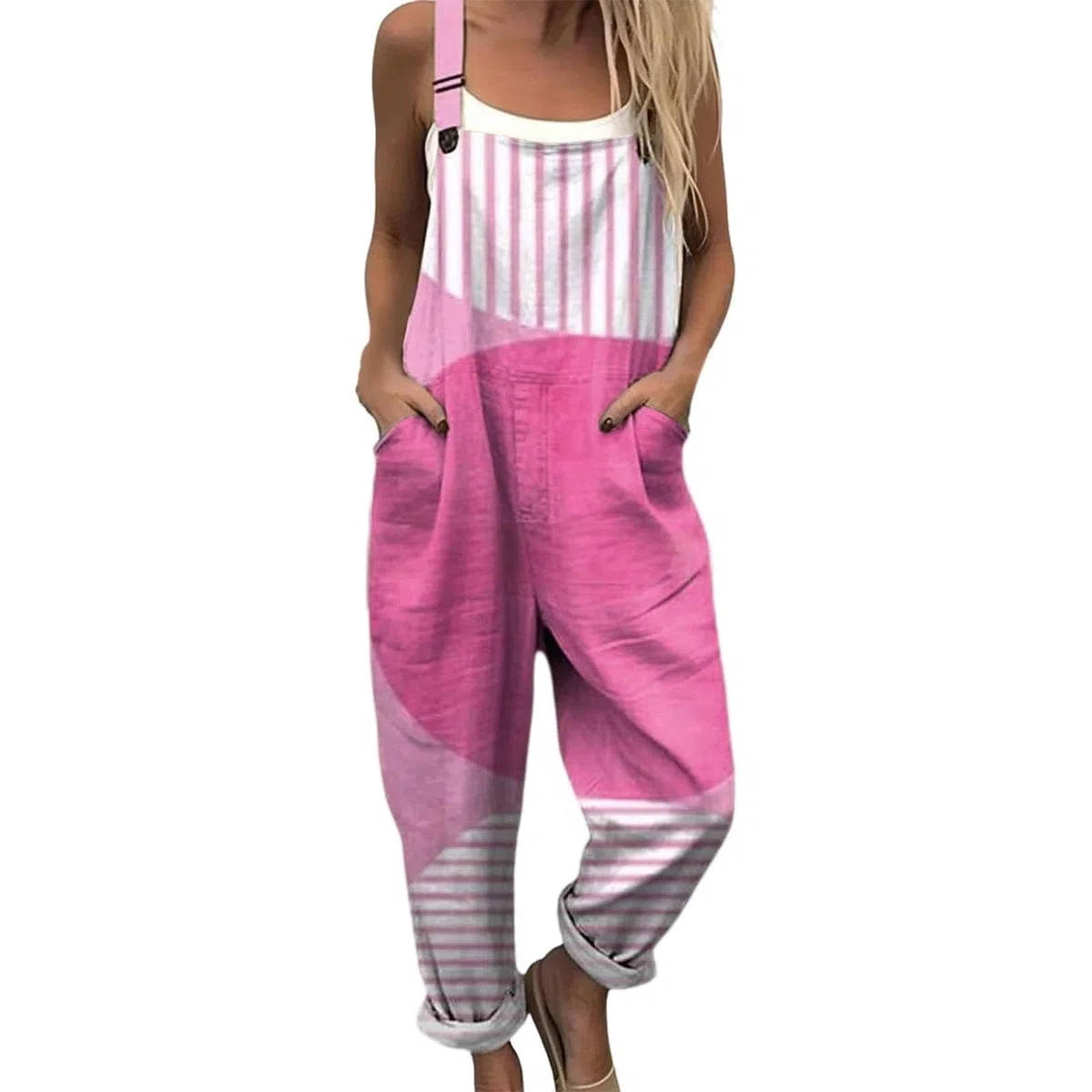 Generico Salopette Donna Estiva Lunga in Lino Elegante Tuta Intera Curvy con Stampa Boho Chic Jumpsuit Pantaloni Gamba Larga Senza Maniche Moda Baggy Cotone Taglie Forti Mare Vacanza Comoda S-5XL