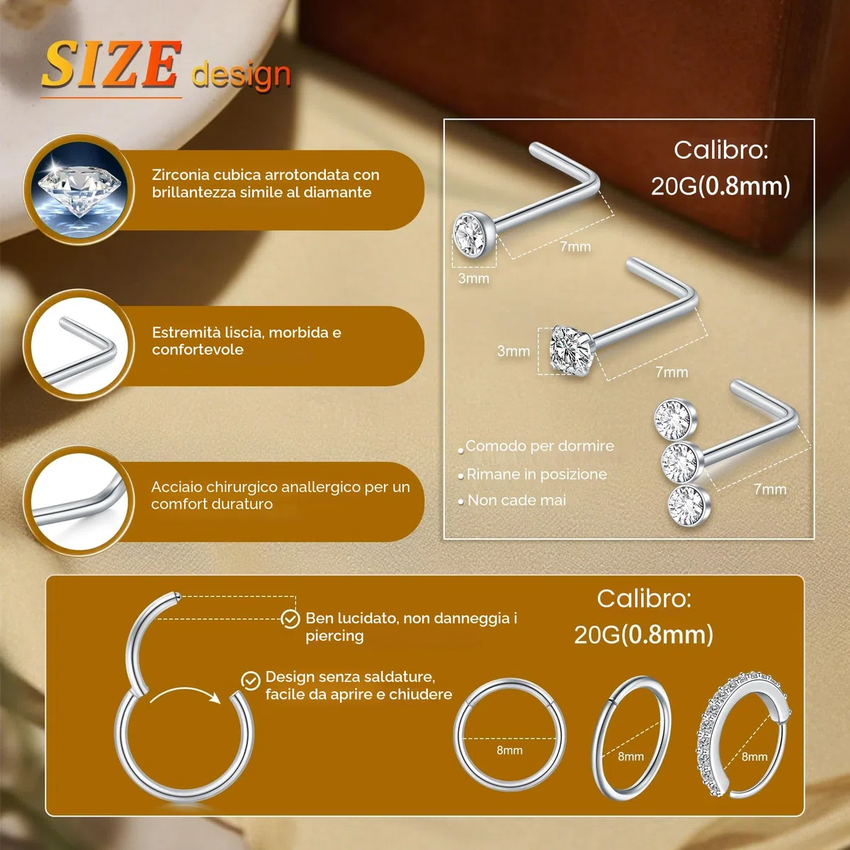 LAURITAMI 6 Pezzi 20G Piercing Naso Acciaio Inossidabile,Cerchio Anello Septum Clicker 8mm 10mm e L Forma Vite Forma Piercing Naso Oro Argento Brillantino Con Zirconi Gioielli per Donne Uomini