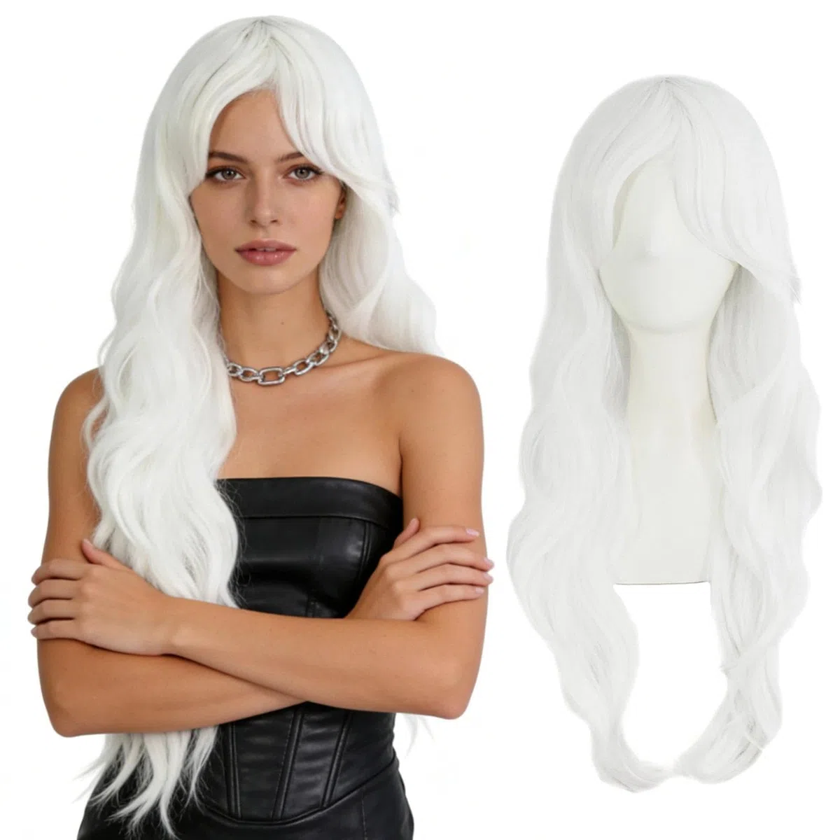 70cm/ 28 Pollice Parrucca Lunga per Donna, Lungo Ricci Parrucche a Onde, Capelli Lunghi per Carnevale, Cosplay, Costume Anime, Bianco