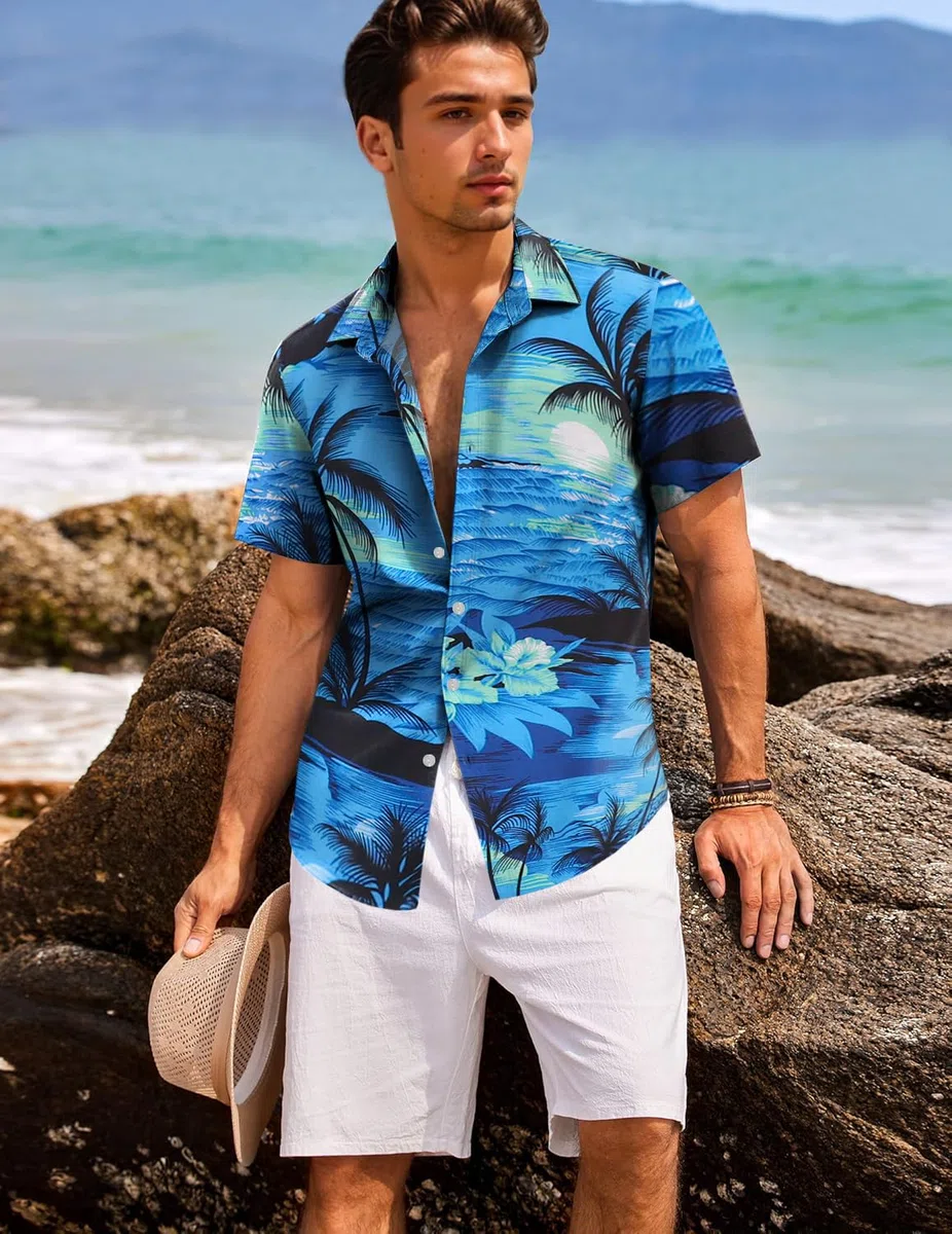 Camicia Hawaiana da Uomo – Camicia Hawaiana da Uomo con Bottoni, Camicie Floreali Stampate Casual a Maniche Corte