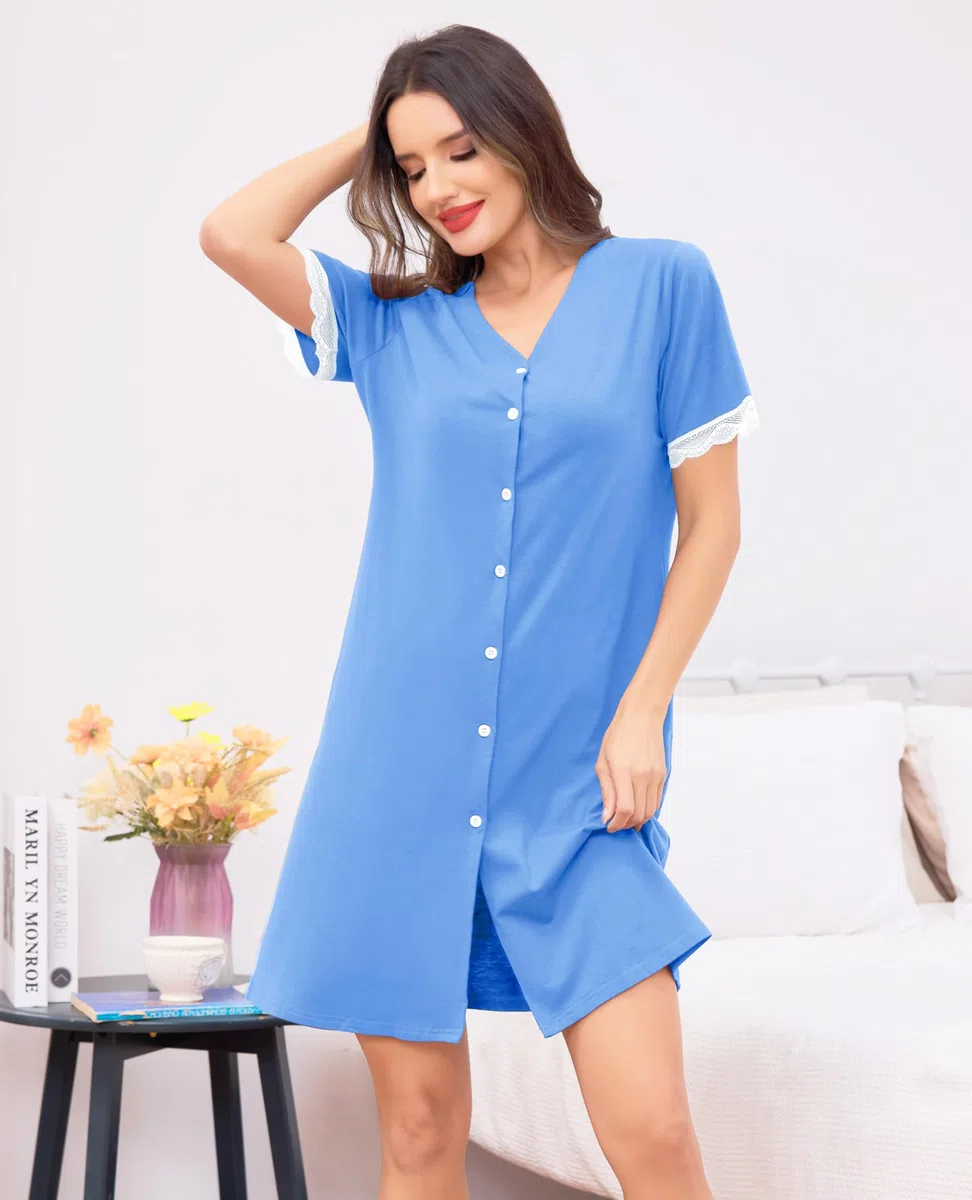 Wikoan Camicia da Notte da Donna Abito Estivo con Scollo a V e Bottoni sul Davanti Camicia da Notte con Bordi in Pizzo S-3XL