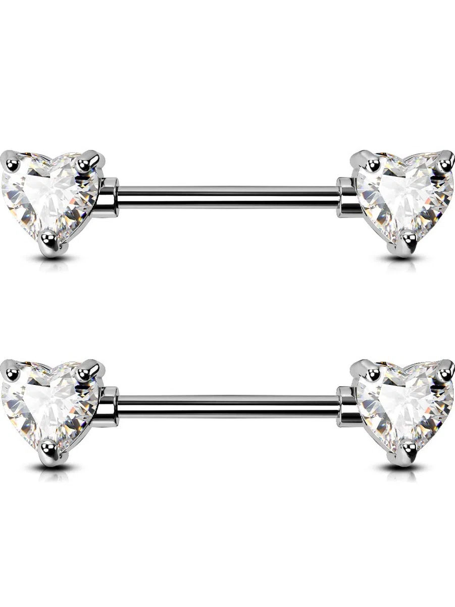 OUFER - Piercing per capezzolo a bilanciere in acciaio chirurgico 14G 316L con cuori in brillante sintetico, body-piercing da donna - 2 pezzi