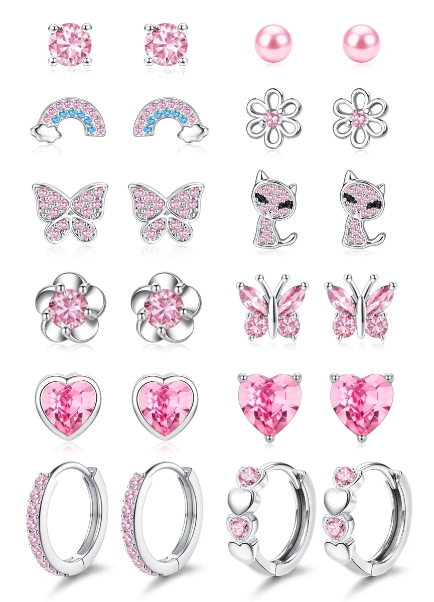 ORAZIO 12 Paia Orecchini Bambina Anallergici Acciaio Chirurgico Orecchini Cerchio Donna Rosa Cuore Farfalla Orecchini Bambina Set