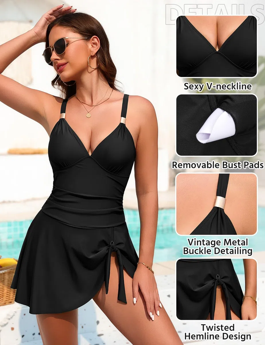 Costume Intero Donna Sexy Scollo a V Push Up Controllo Addominale Swimsuit Abbellimento con Bottoni Metallici Spalline Regolabili Costumi da Bagno da Spiaggia