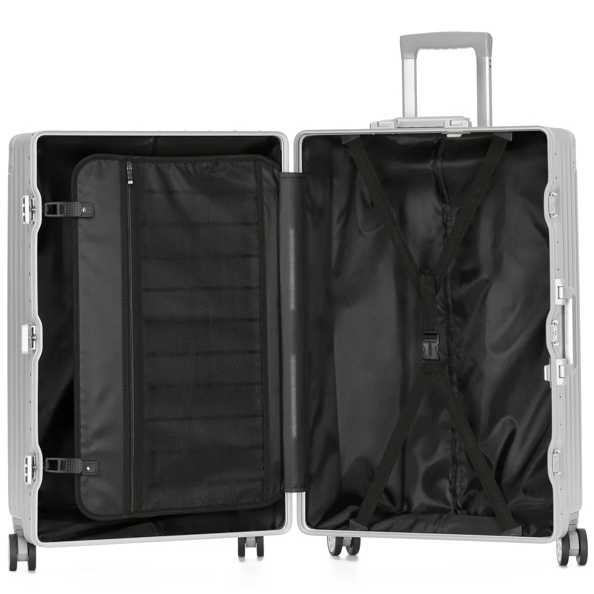 KOFA Zurich - Set di 2 valigie in alluminio, M-55 cm e XL-75 cm, telaio rigido trolley, carry-on + valigetta per check-in, con 4 ruote e doppia serratura TSA 35L + 94L, argento, 55x37x23 cm /