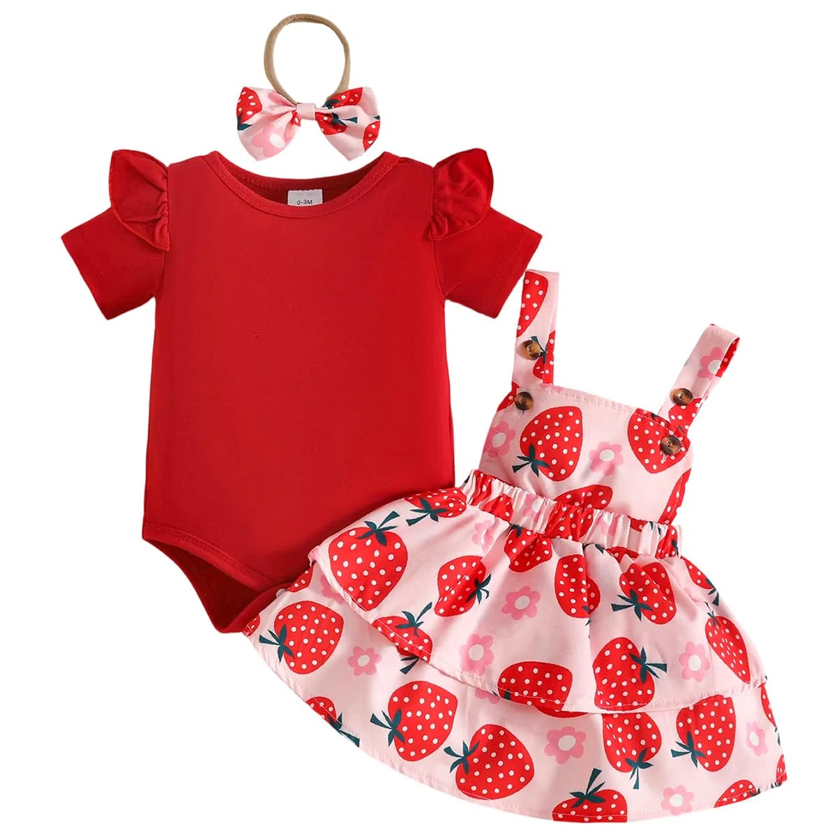 Neonata Bambina Gonne Set Estivo Manica Corta con Stampa a Cuore Top + Regolabile Bretelle Abito + Fascia per Capelli Abiti 3Pcs Completo