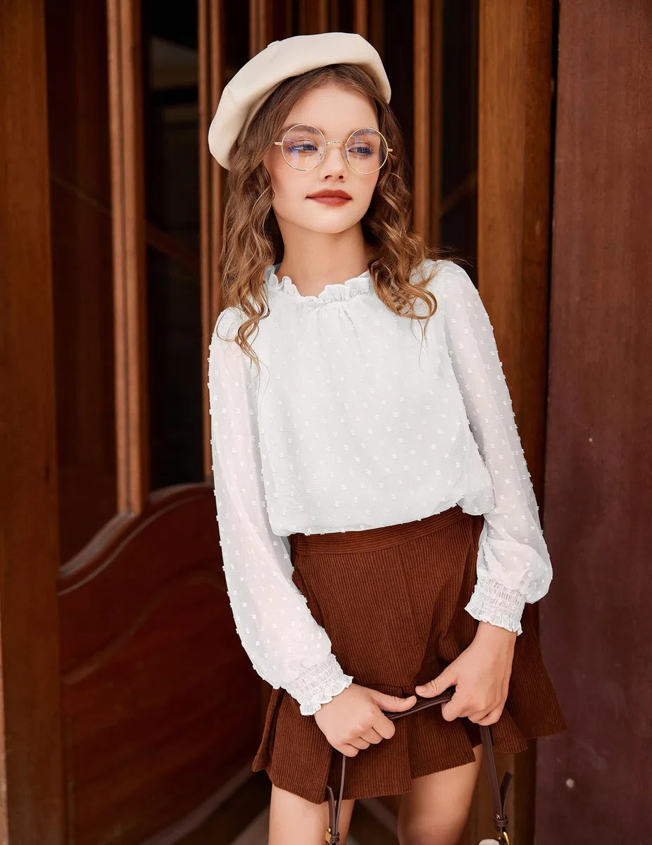 Arshiner Camicie a maniche lunghe per ragazze Camicette in chiffon Camicette svizzere Dot Volant Collo Casual allentato carino Top Tee