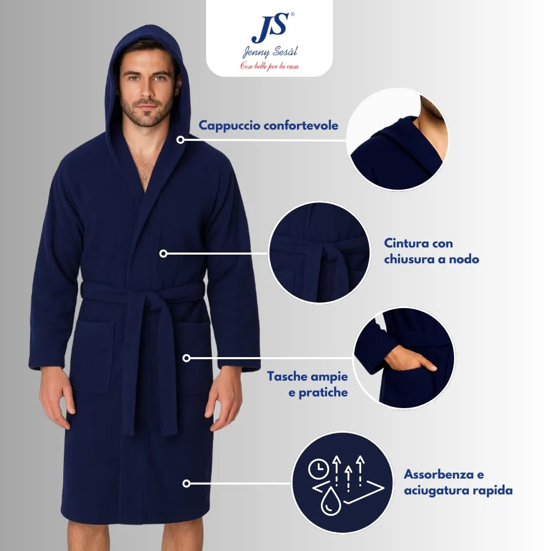 Jenny Sesal - Accappatoio Uomo e Donna in Microfibra Morbido, Leggero, Salvaspazio, a Rapida Asciugatura con Cappuccio, Tasche, Cintura a Passanti e Gancio