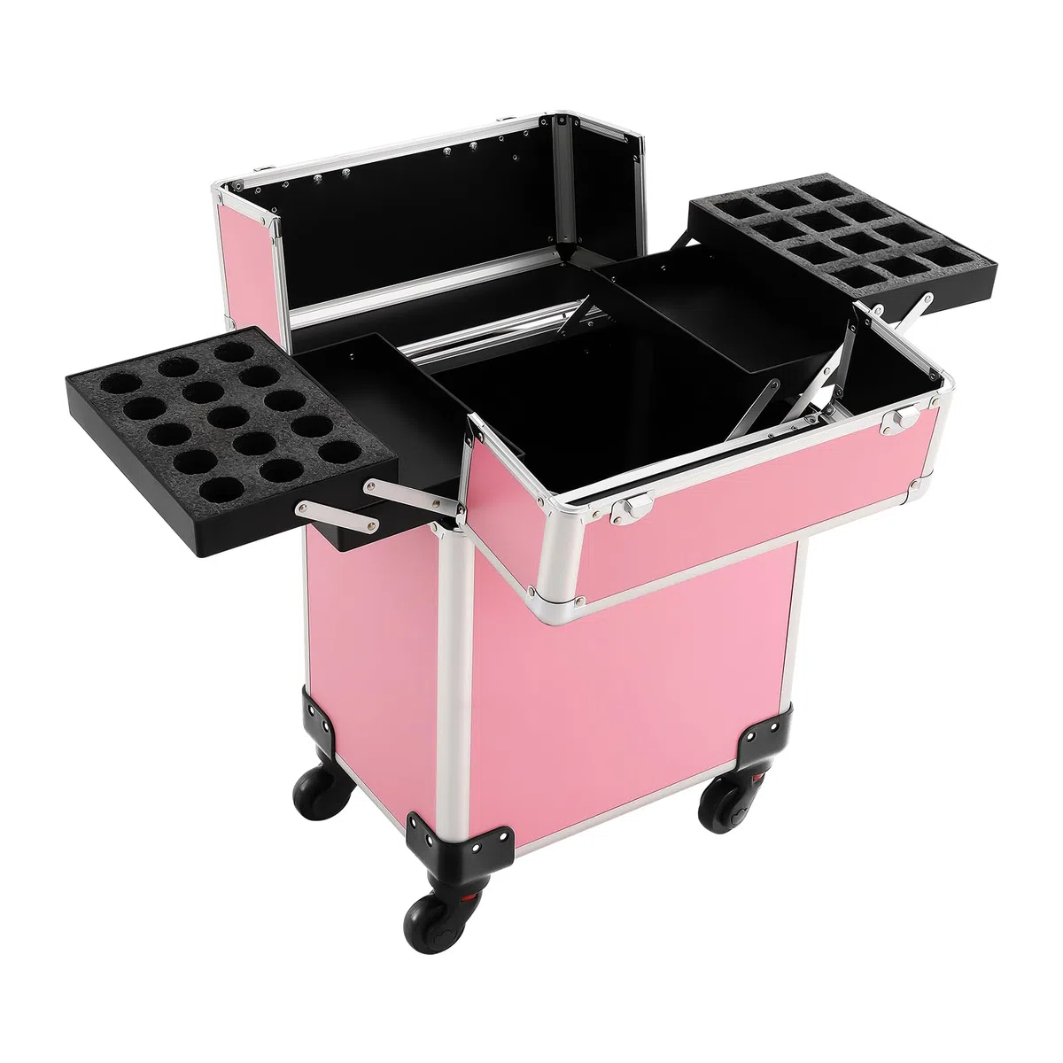 Rolling Trucco Trolley Valigia in Alluminio, Grande Capacità, Scomparti Rimovibili, Organizer Ottimale, Trolley Estensibile, Ideale per Viaggi, Lavoro, Salone di Bellezza, Artista, Rosa