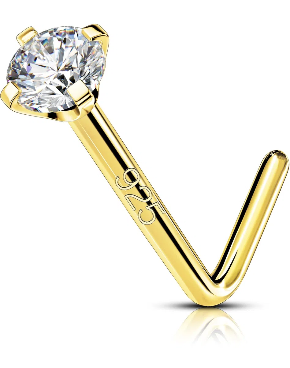 OUFER 20G Oro Piercing Naso Argento 925 Piercing Naso Nostril 7mm Nose Ring CZ Trasparente Nose Pin Piercing Nasale L/S Nose Piercing Piercing Naso Donna Naso Nostril (A forma di L)