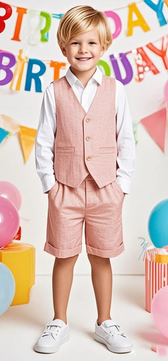 Set da smoking per bambini in lino, 2 pezzi, con gilet e pantaloni corti, per l'estate, spiaggia, matrimonio, per bambini