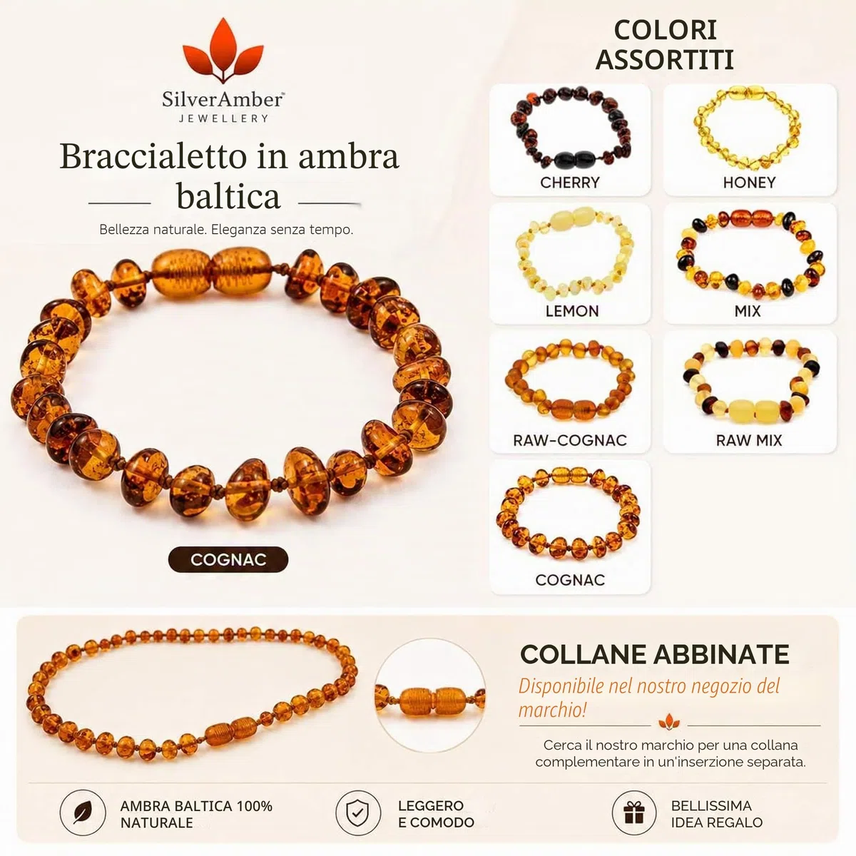 SilverAmber - Cavigliera/braccialetto in ambra baltica, color cognac, realizzata a mano, 100% perle di ambra genuina, di prima qualità, misure 12-25 cm