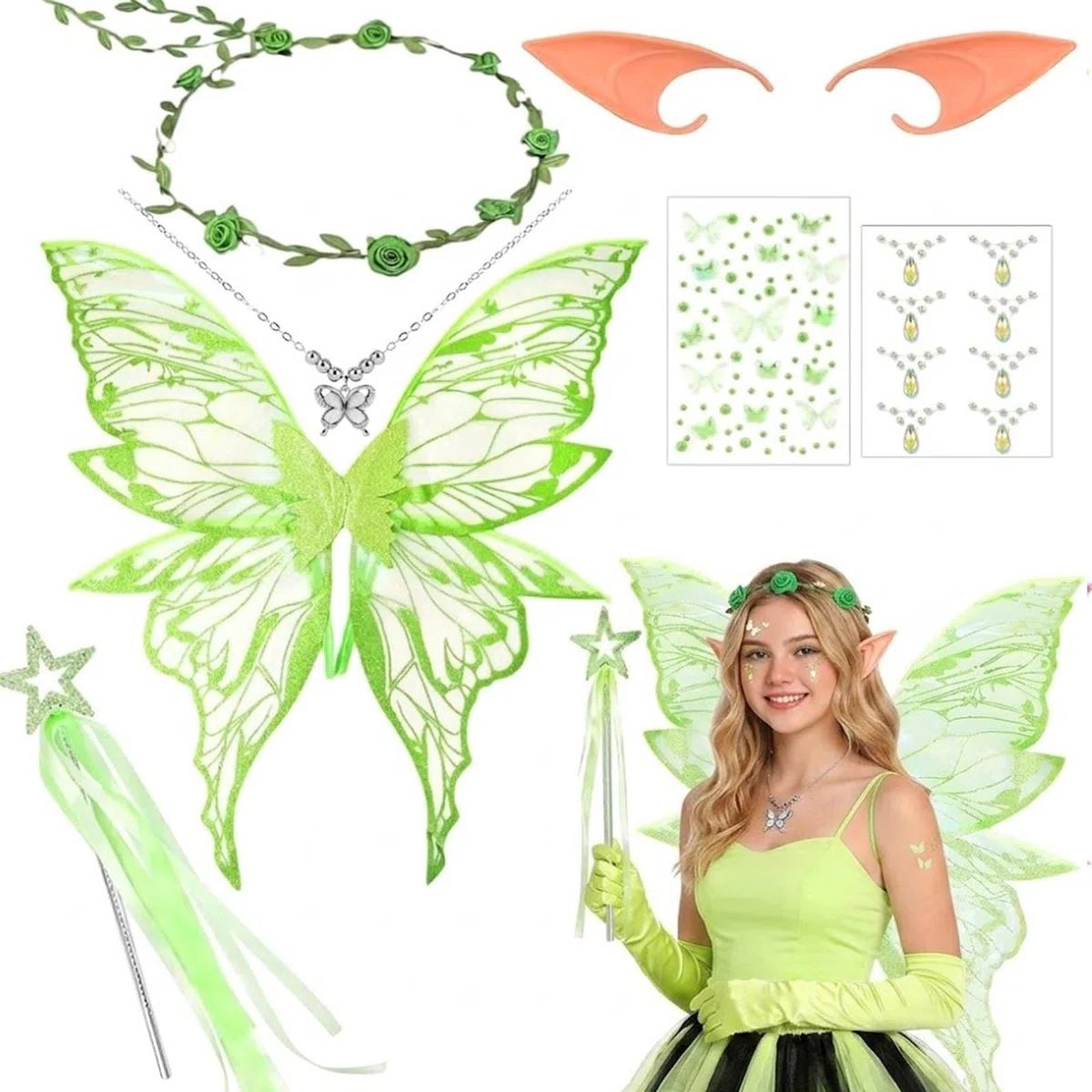 Ali da Fata per Adulti e Bambini, Costume Fata con Ali Farfalla Orecchie da Elfo Cerchietto da Fata e Bacchette, Costumi Principessa e Elfo per Feste di Compleanno Carnevale Cosplay Halloween