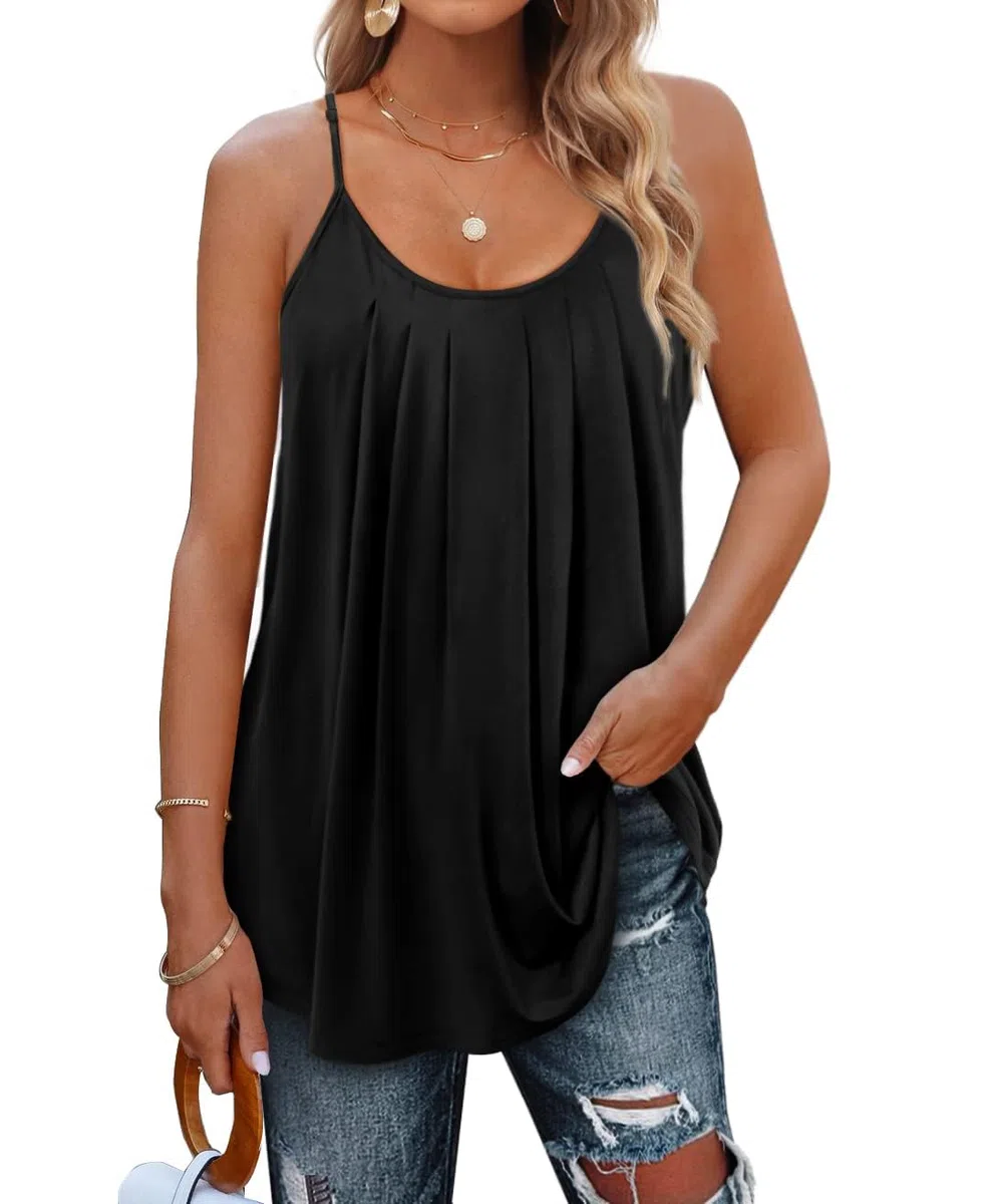 DUOEASE Canotta Donna Basic Spaghetti Girocollo Top Donna Nero a Pieghe Canottiera Donna Elegante