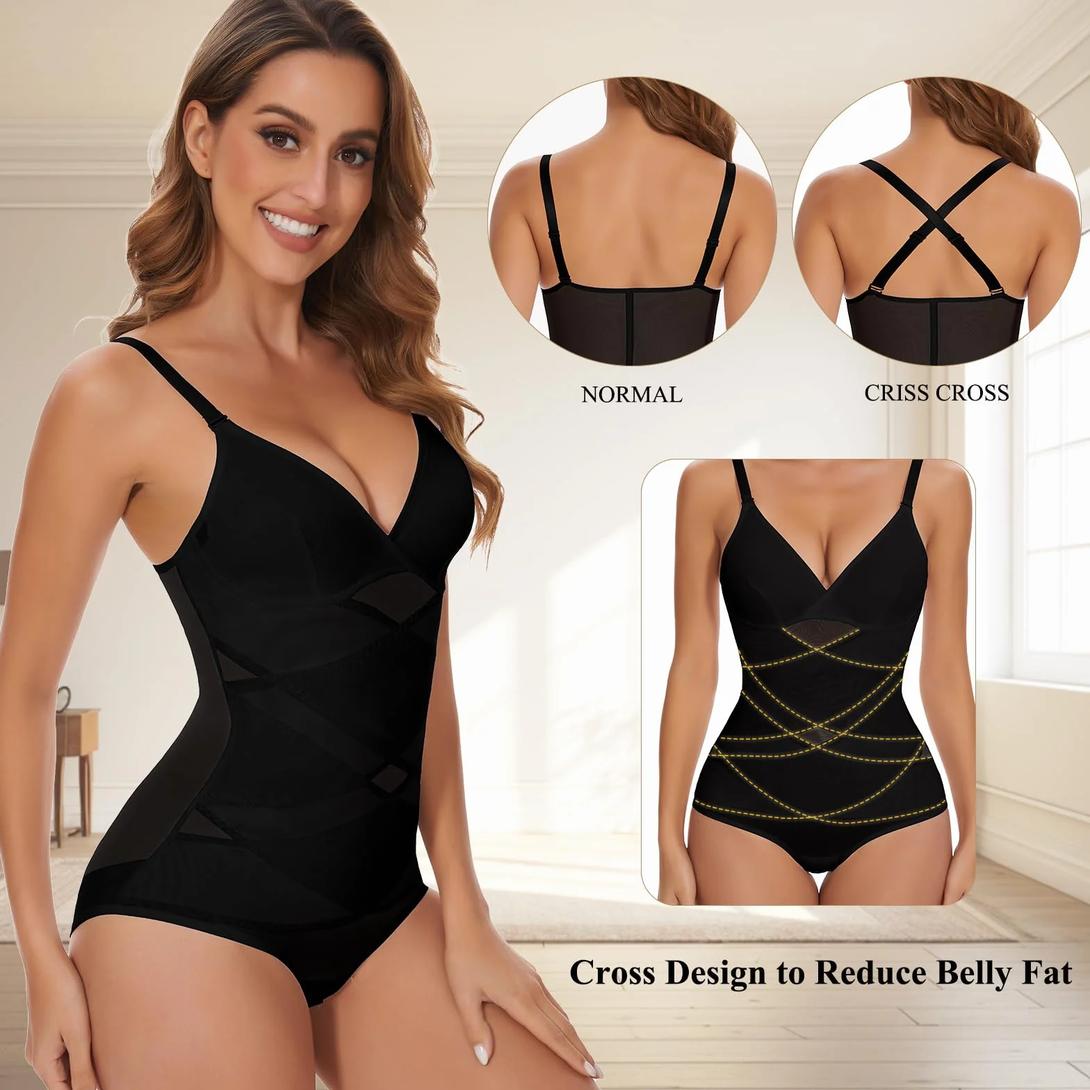 Joyshaper Body modellante da donna, modellante, con scollo a V, con reggiseno