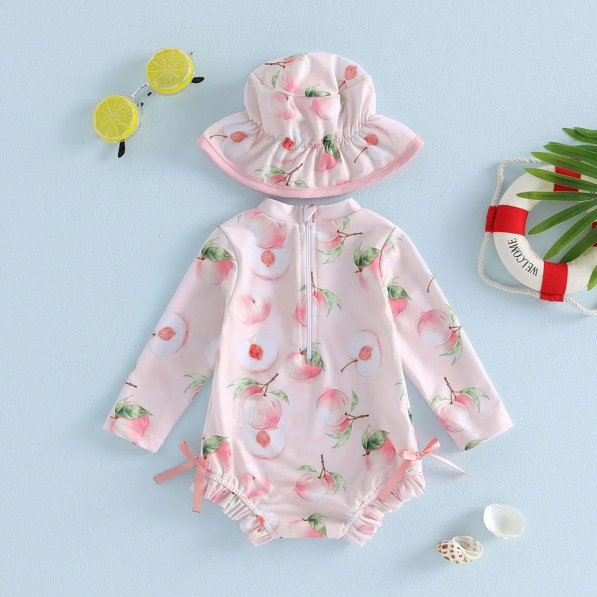 Costume da Bagno Neonato Bambino Ragazza 1 Pezzo Body Tuta Anti-UV Manica Lunga Costume da Bagno Piscina Nuoto con Cappello da Sole