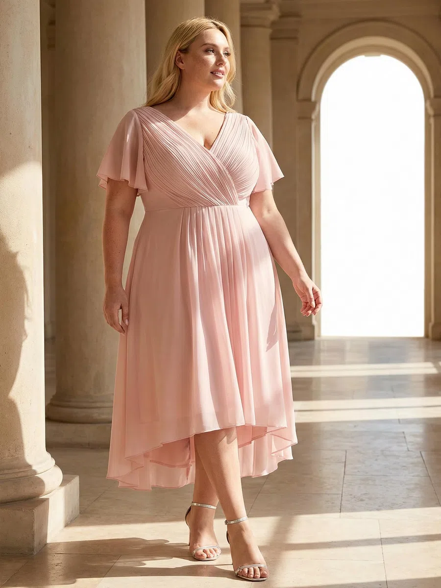 Ever-Pretty A Line V Neck Chiffon Maniche Corte Alto Basso Lunghezza Al Ginocchio Plus Size Abiti da sposa per le donne Curvy 01923-DA